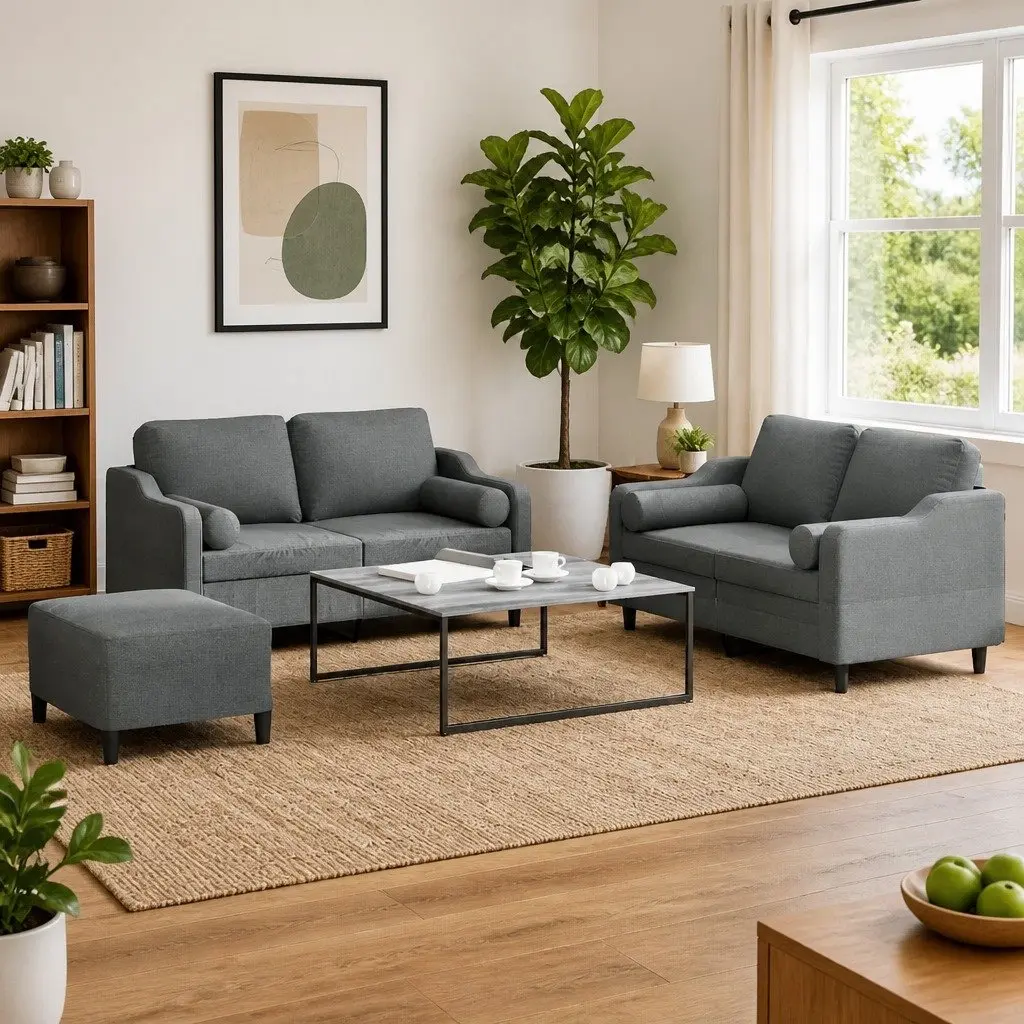 3 Piece Sofa Set Grey Fabric Padded Armrests Footstool Cylinder Pillows