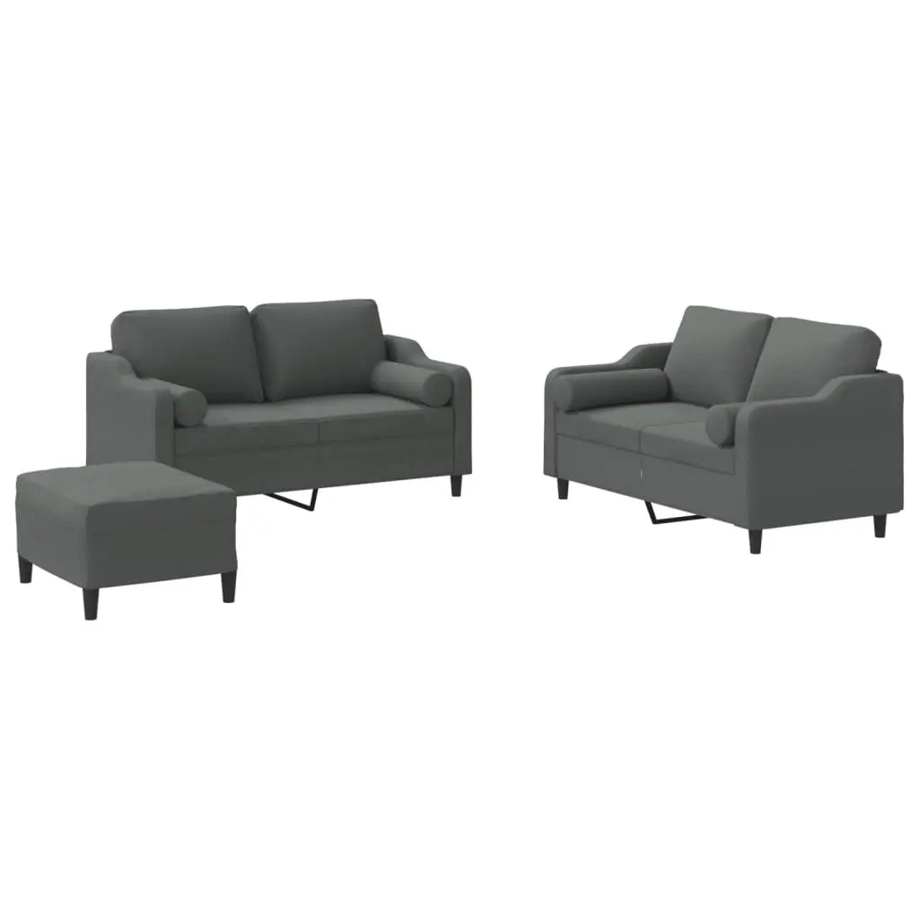 3 Piece Sofa Set Grey Fabric Padded Armrests Footstool Cylinder Pillows