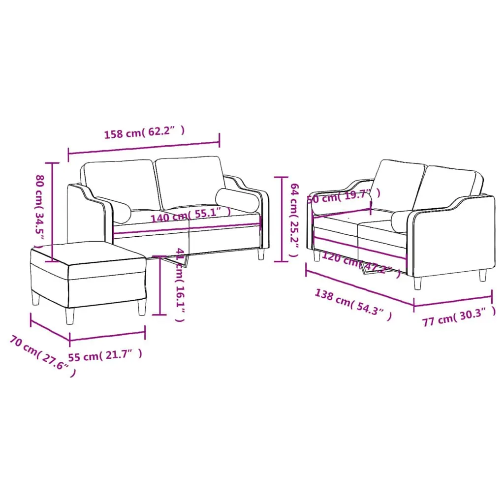 3 Piece Sofa Set Grey Fabric Padded Armrests Footstool Cylinder Pillows