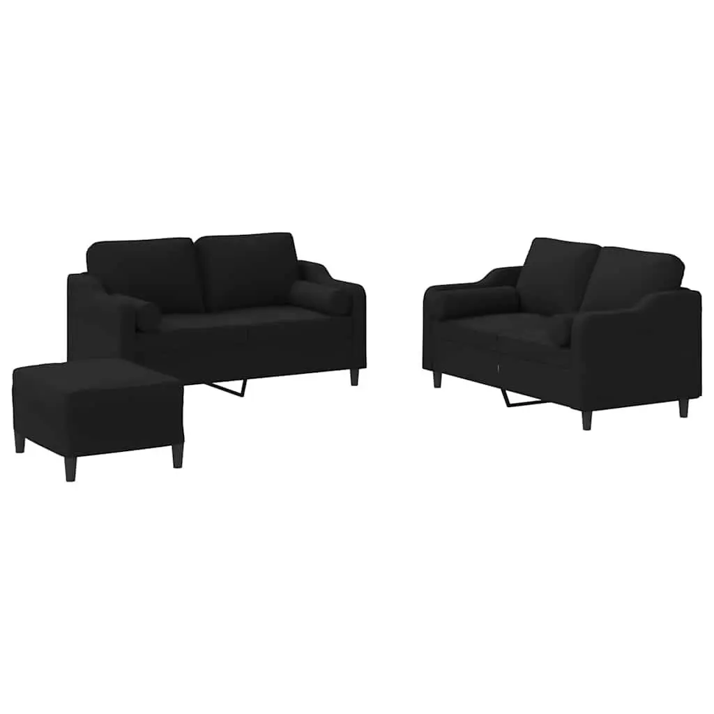 3 Piece Sofa Set Black Fabric Compact Living Room Lounge Suite with Pillows Footstool