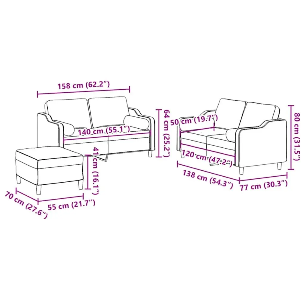 3 Piece Sofa Set Black Fabric Compact Living Room Lounge Suite with Pillows Footstool