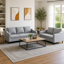 2 Piece Sofa Set Grey Fabric Lounge Suite Comfortable Padded Seat Armrests Back