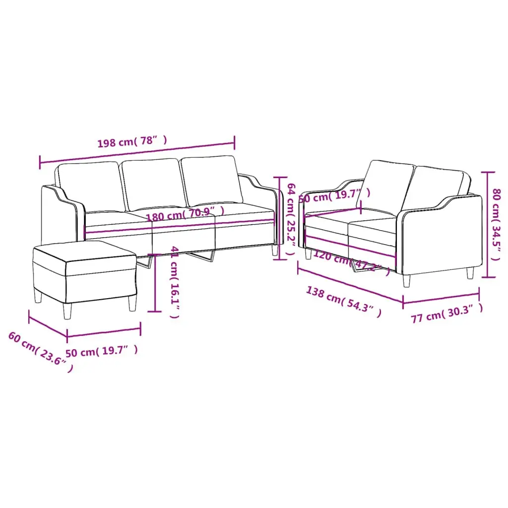 3 Piece Grey Fabric Sofa Set