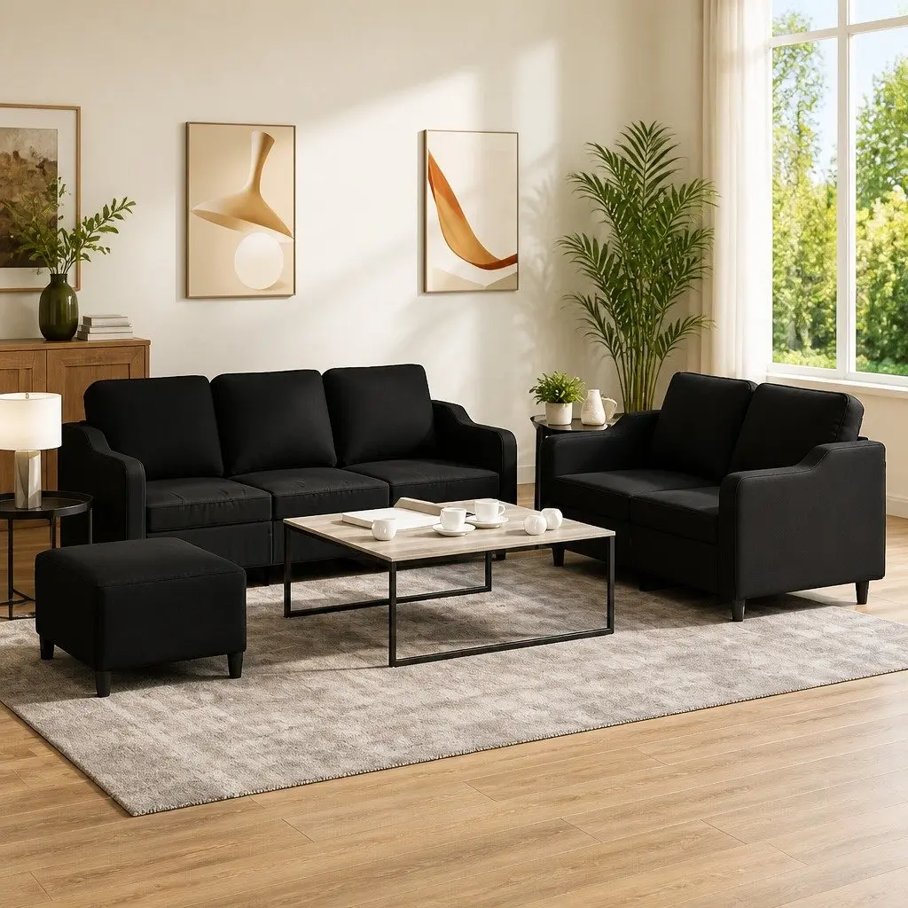 Black Fabric Sofa Set 3 Piece Lounge Suite with Footstool for Living Room