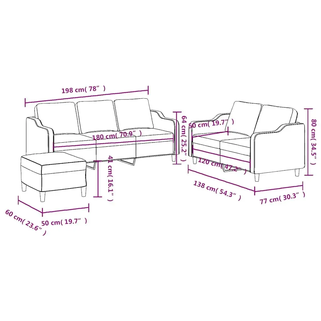 Black Fabric Sofa Set 3 Piece Lounge Suite with Footstool for Living Room