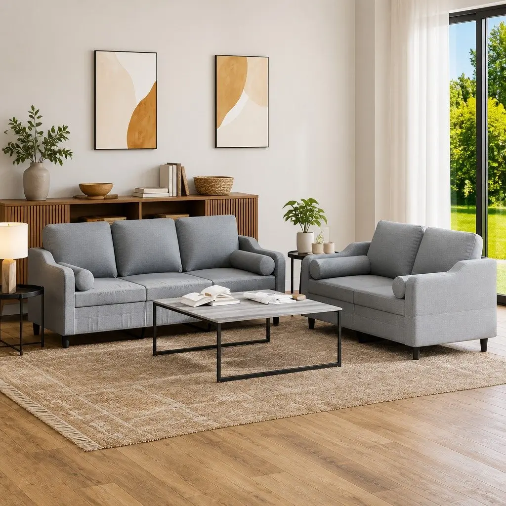 Grey 2-Piece Sofa Set with Pillows