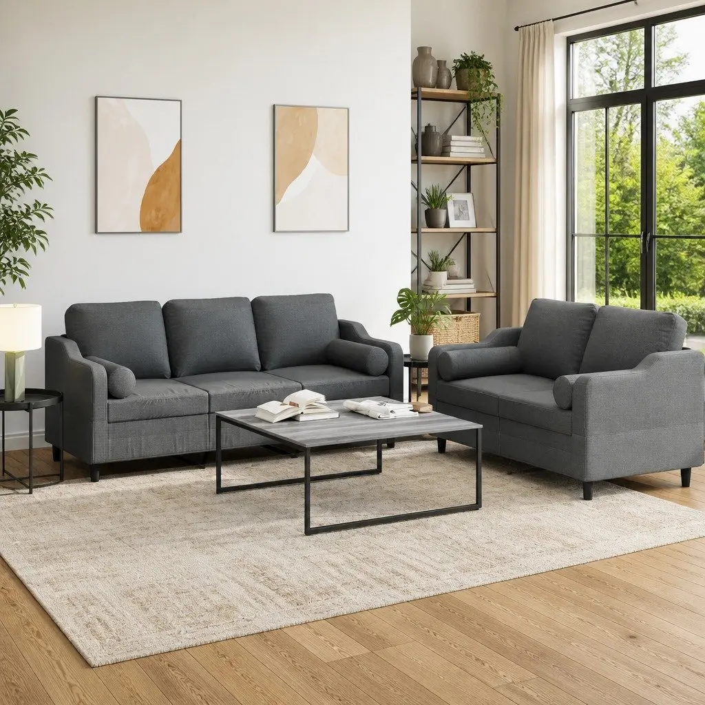 2 Piece Sofa Set with Pillows Grey Fabric Lounge Suite Comfortable Seating