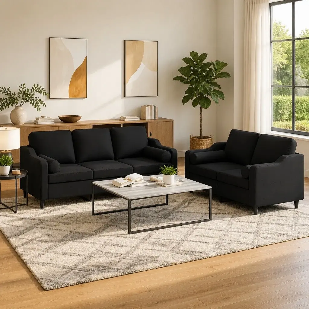 2 Piece Black Fabric Sofa Set