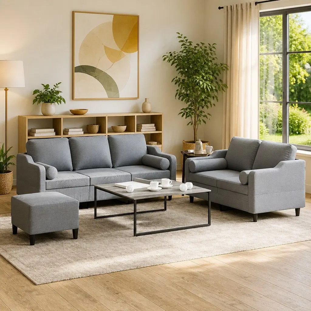 3 Piece Sofa Set with Footstool Padded Grey Fabric Living Room Lounge Pillows