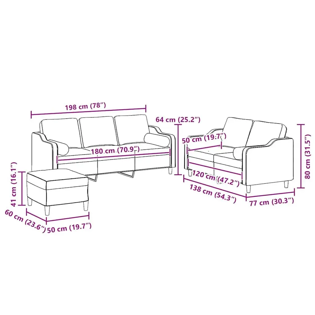 3 Piece Sofa Set with Footstool Padded Grey Fabric Living Room Lounge Pillows