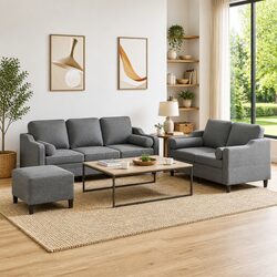 3 Piece Sofa Set with Footstool and Pillows Grey Fabric Living Room Furniture