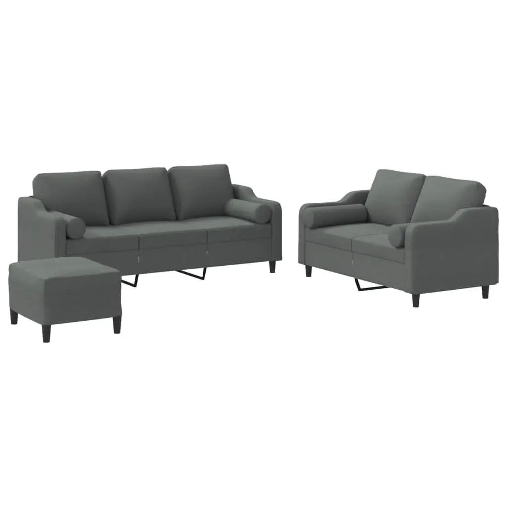 3 Piece Sofa Set with Footstool and Pillows Grey Fabric Living Room Furniture