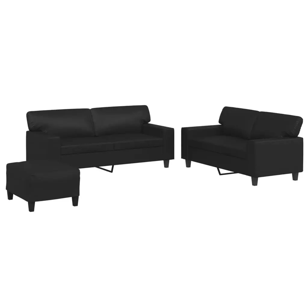 3 Piece Sofa Set Black Faux Leather Lounge Suite with Footstool Living Room