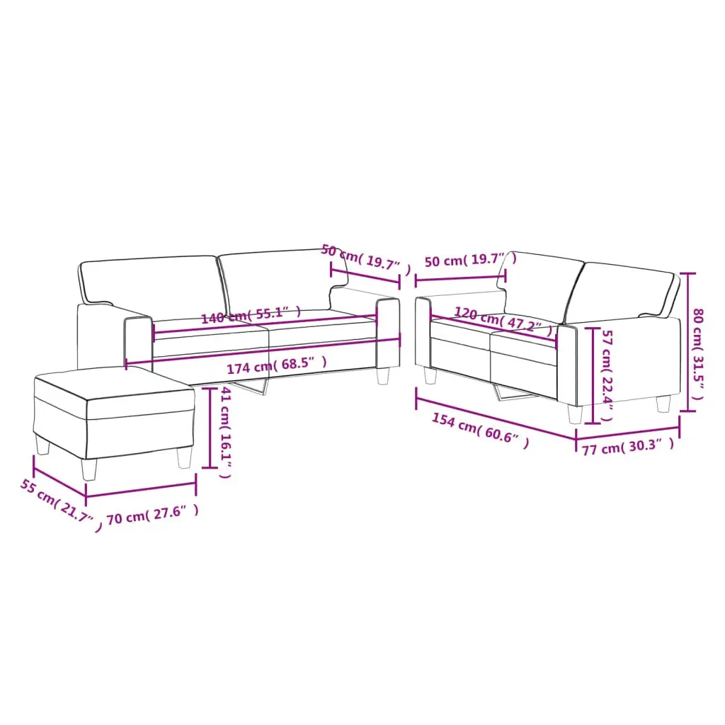 3 Piece Sofa Set Black Faux Leather Lounge Suite with Footstool Living Room