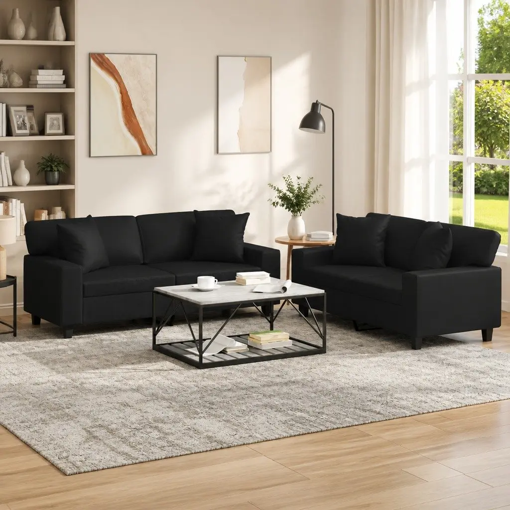 Black Sofa Set Durable Faux Leather 2 Piece
