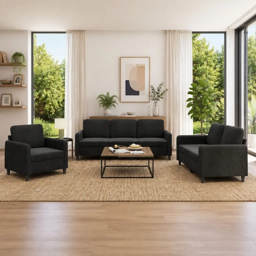 3 Piece Sofa Set Black Velvet Soft Upholstery Living Room Furniture