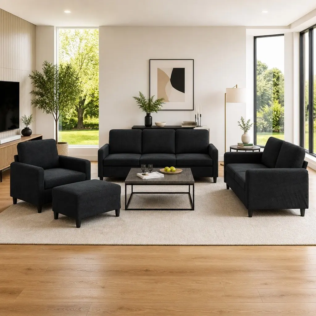 4 Piece Sofa Set Black Velvet Compact Living Room Furniture Couch with Footstool