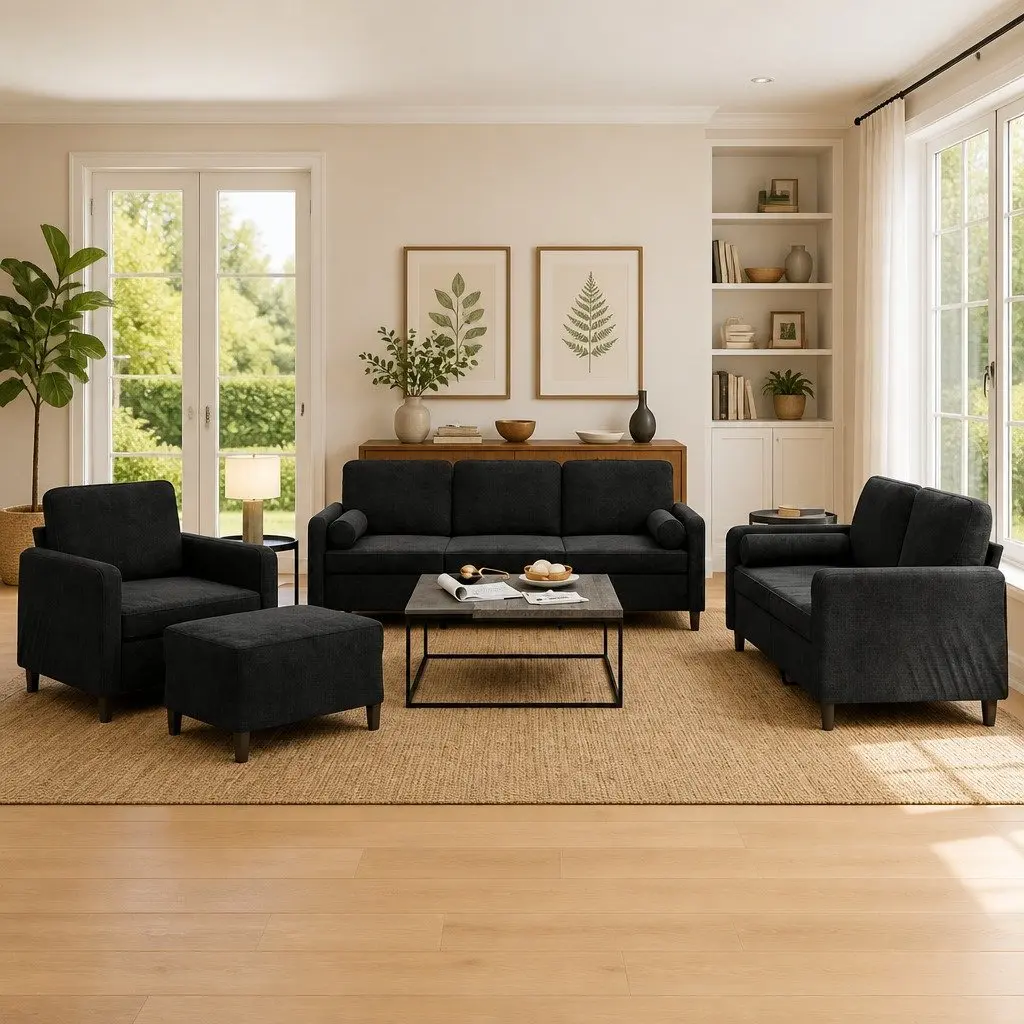 4-Piece Black Velvet Sofa Set