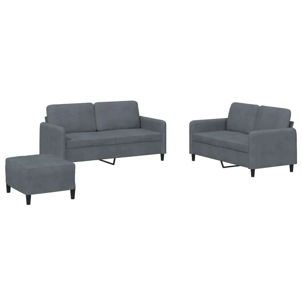 3 Piece Sofa Set Grey Velvet Lounge Suite with Footstool Living Room Furniture