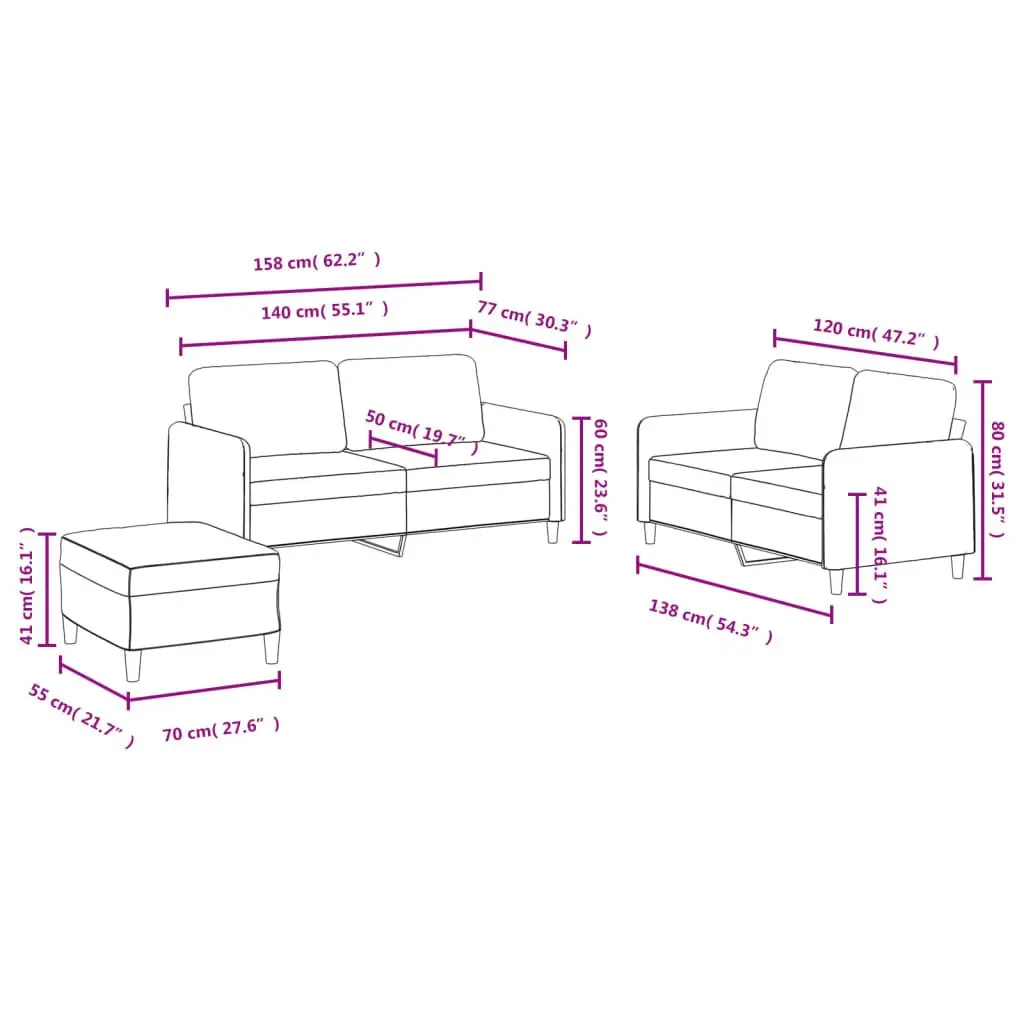 3 Piece Sofa Set Grey Velvet Lounge Suite with Footstool Living Room Furniture