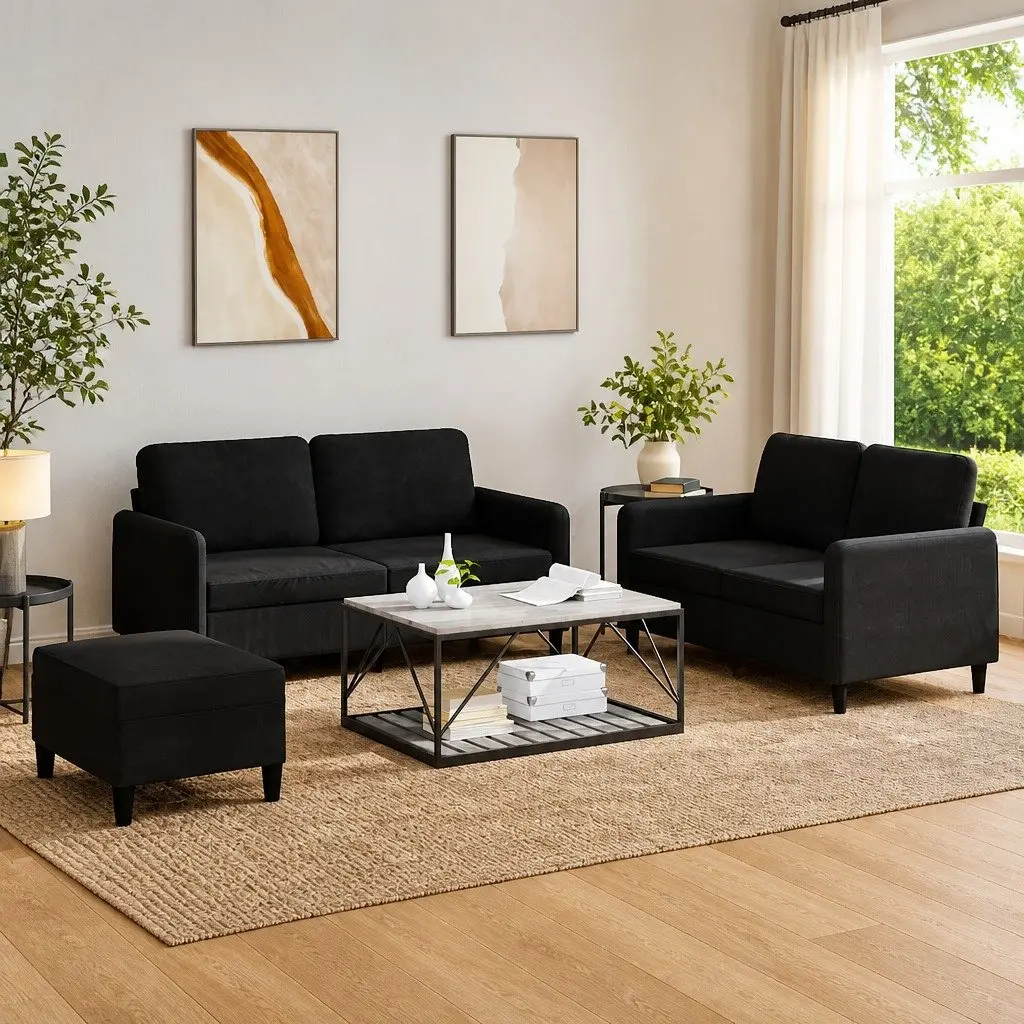 3 Piece Sofa Set Black Velvet Compact Living Room Furniture Couch Footstool