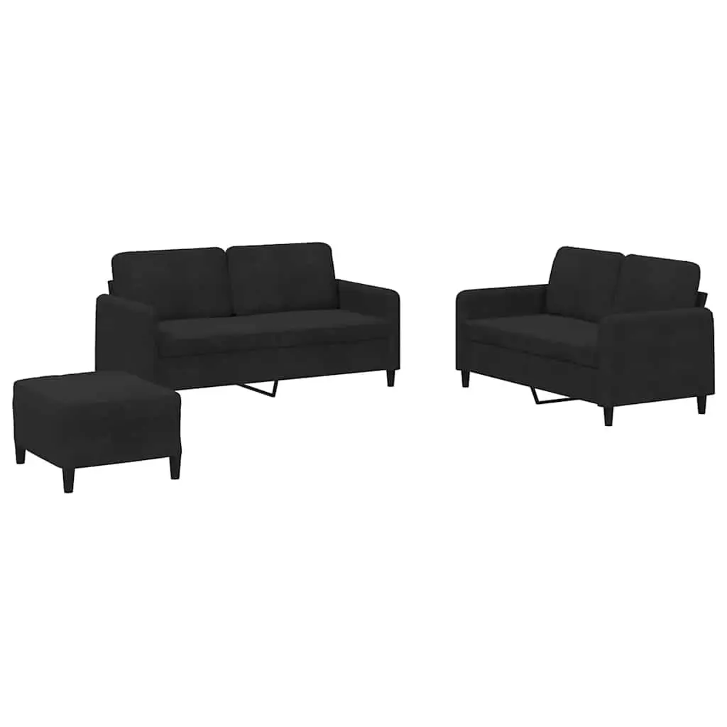 3 Piece Sofa Set Black Velvet Compact Living Room Furniture Couch Footstool