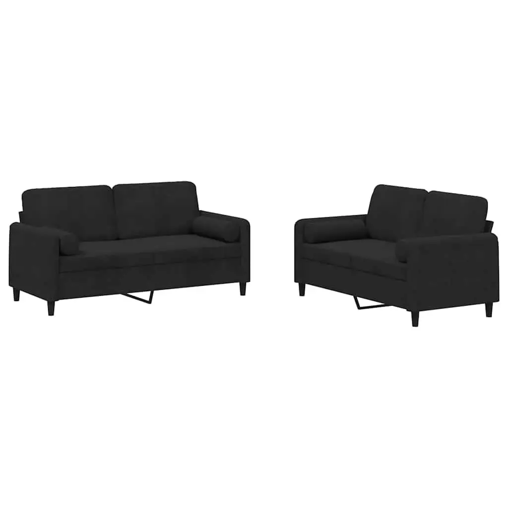 Sofa Set Black Velvet 2 Piece with Roll Pillows