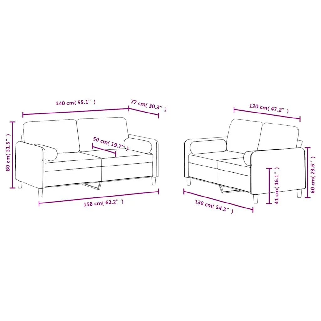Sofa Set Black Velvet 2 Piece with Roll Pillows