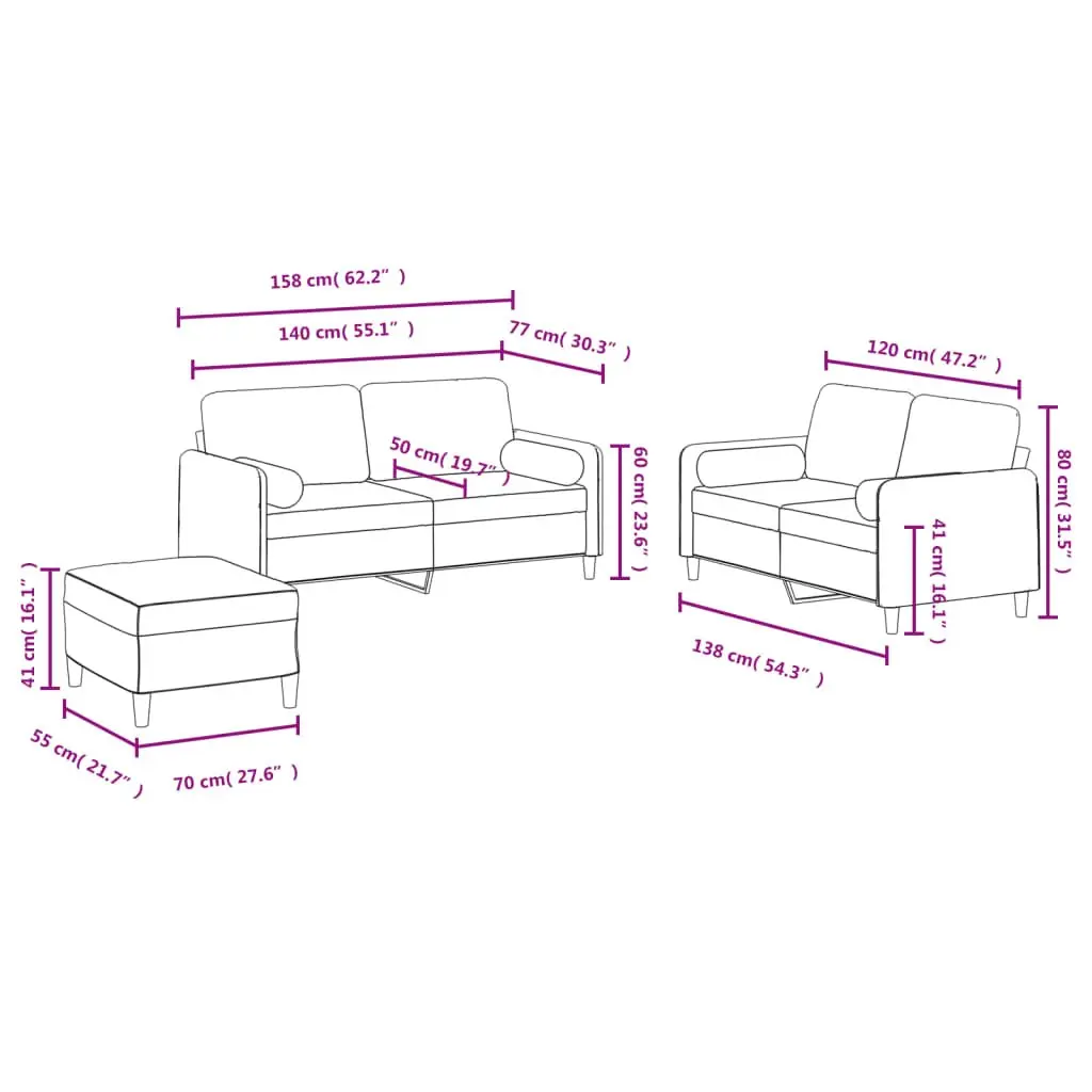 Sofa Set Grey Velvet 3 Piece with Pillows Footstool