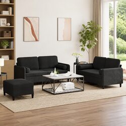 3 Piece Sofa Set Black Velvet with Pillows Footstool Living Room Furniture