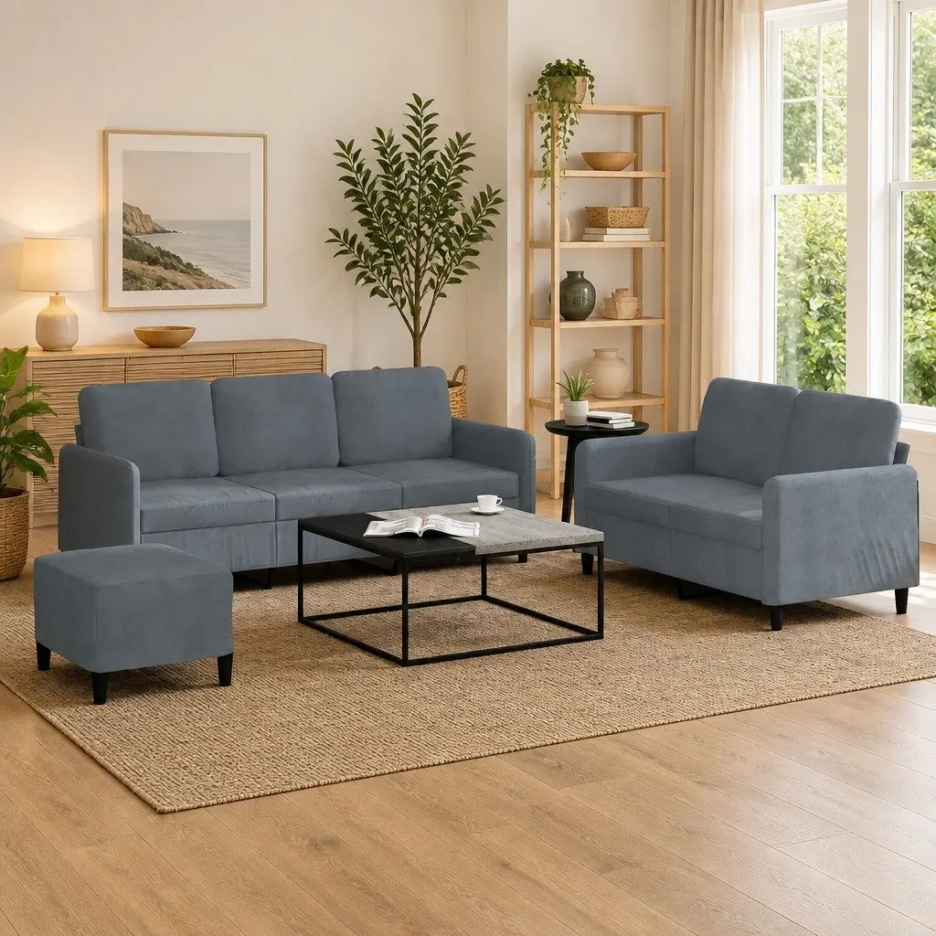 3 Piece Sofa Set Grey Velvet Lounge Couch Armchair Footstool Living Room