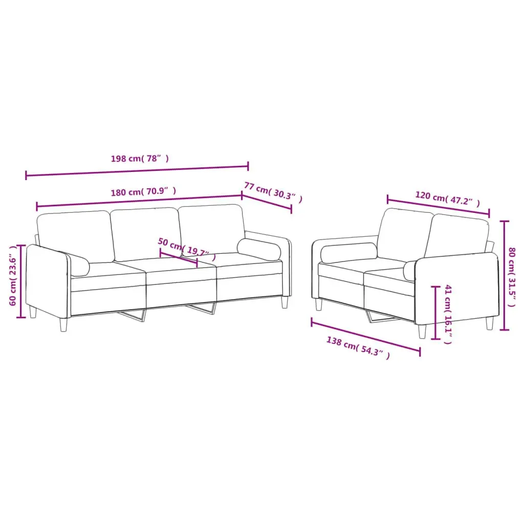 2 Piece Sofa Set Grey Velvet Couch Lounge Suite with Pillows Living Room