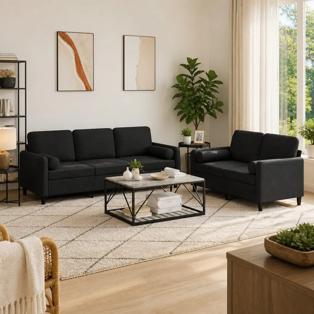 Sofa Set Soft Velvet Black 2 Piece Lounge Suite