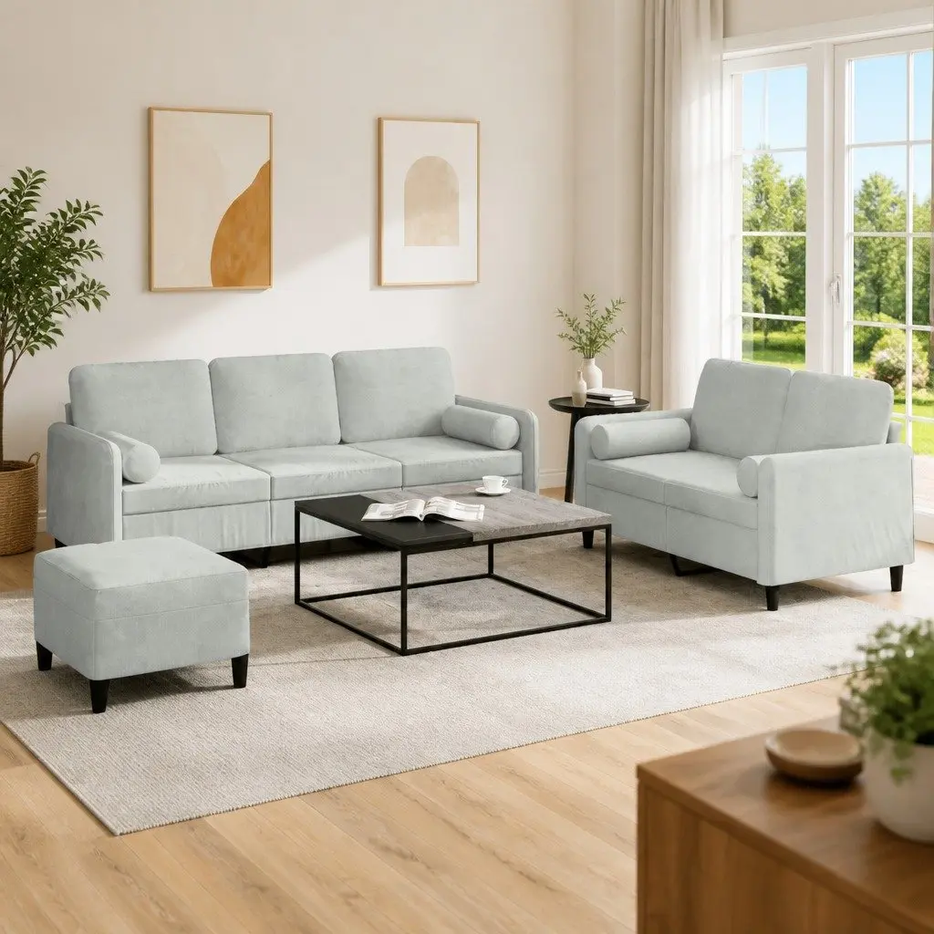 3 Piece Sofa Set Grey Velvet Couch with Pillows Footstool