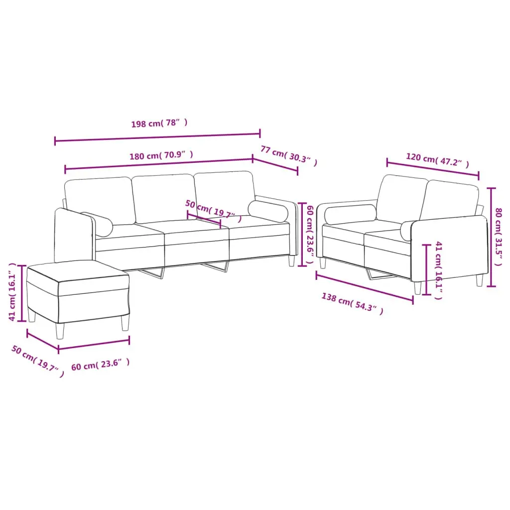 3 Piece Sofa Set Grey Velvet Couch with Pillows Footstool