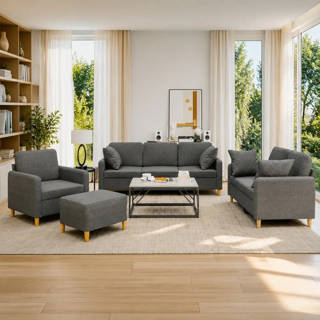4 Piece Sofa Set in Grey Fabric