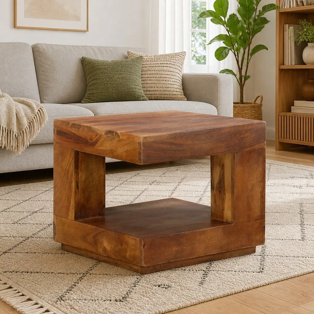 Coffee Table Vintage Style Solid Acacia Wood with Storage Shelf 45x45x40 cm Brown