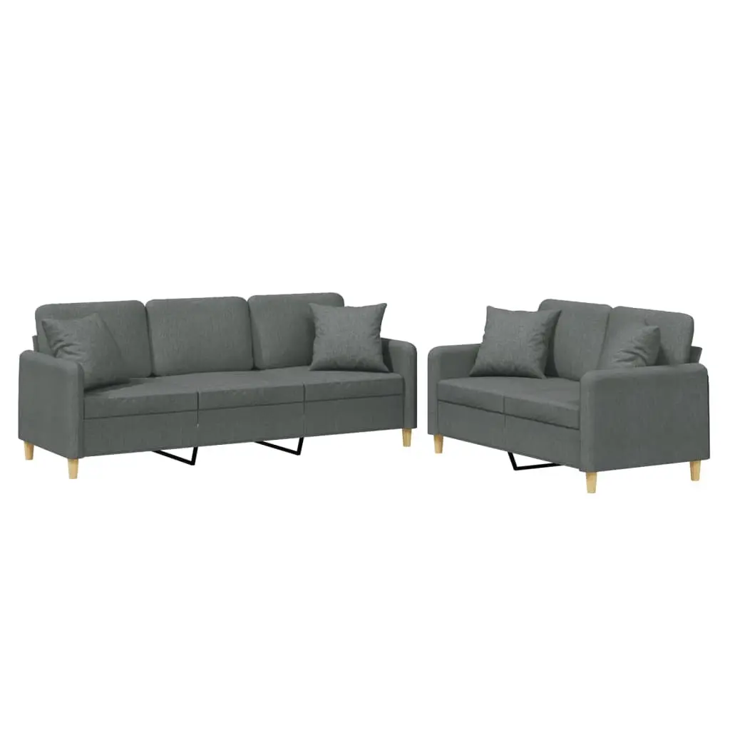 2 Piece Sofa Set Grey Fabric Couch with Pillows Comfortable Living Room Seating