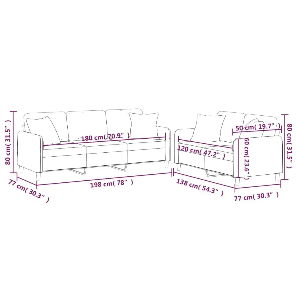Sofa Set Black Fabric 2 Piece Couch Living Room Furniture with Throw Pillows