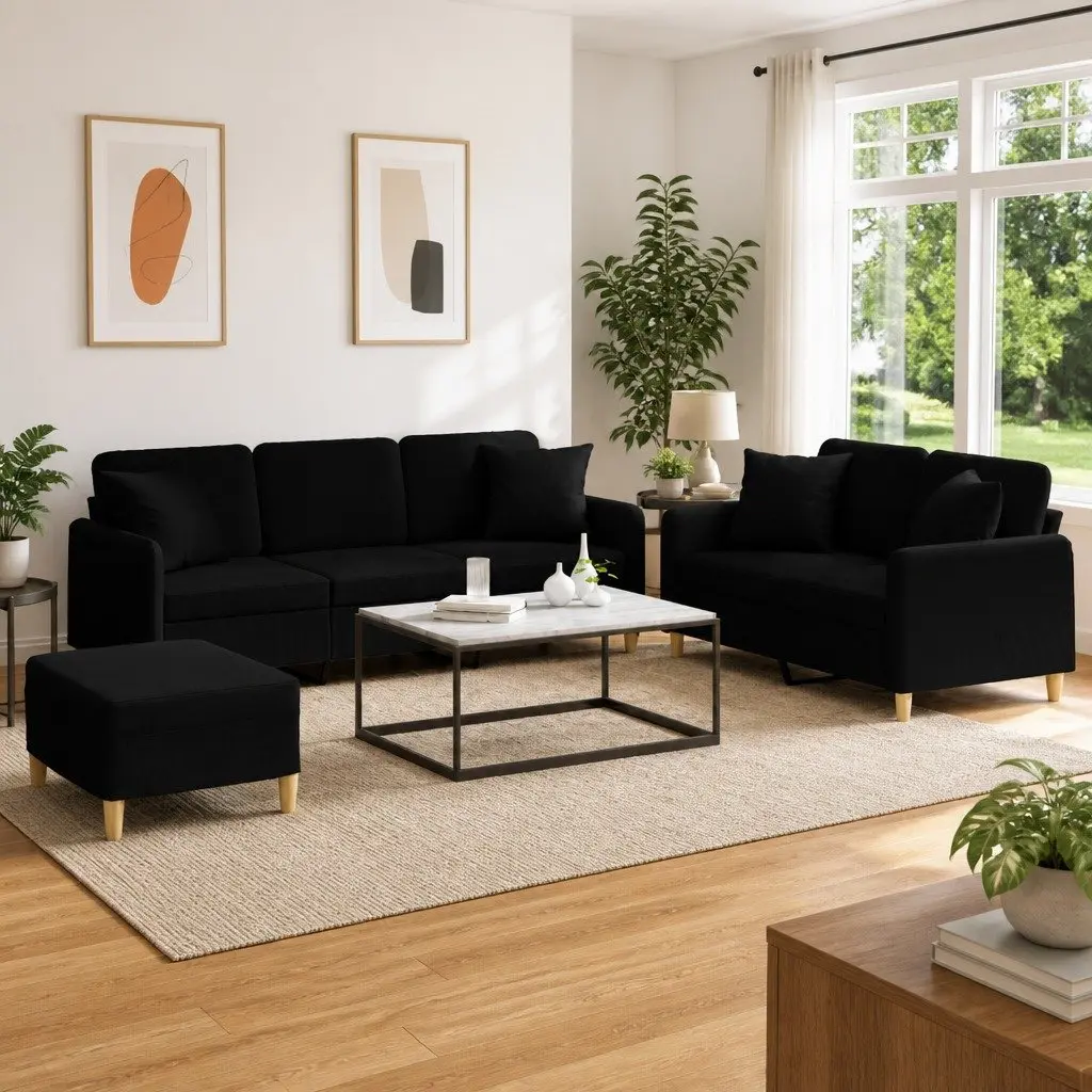 3 Piece Sofa Set in Black Fabric