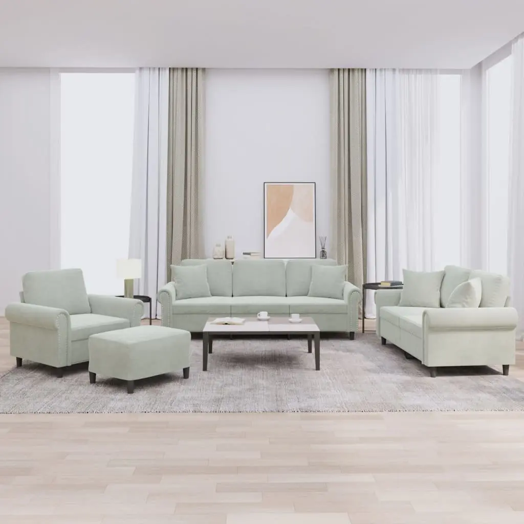 4 Piece Grey Velvet Sofa Set