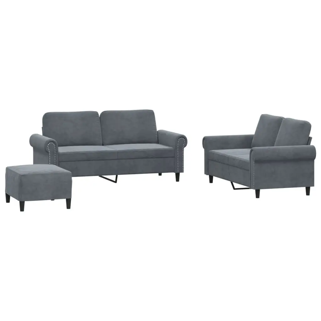 3 Piece Sofa Set Grey Velvet Lounge Suite with Footstool Cushions Living Room