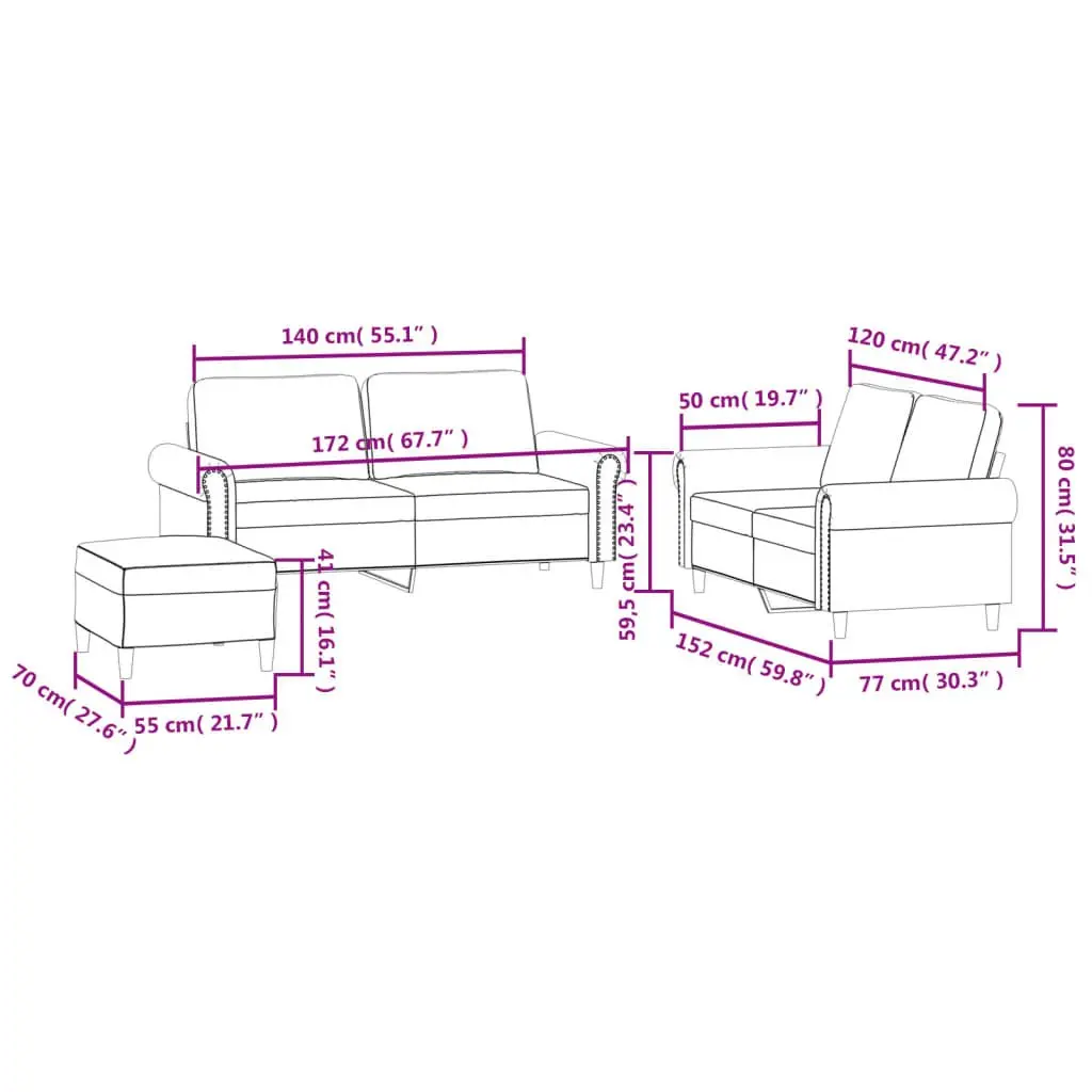 3 Piece Sofa Set Grey Velvet Lounge Suite with Footstool Cushions Living Room