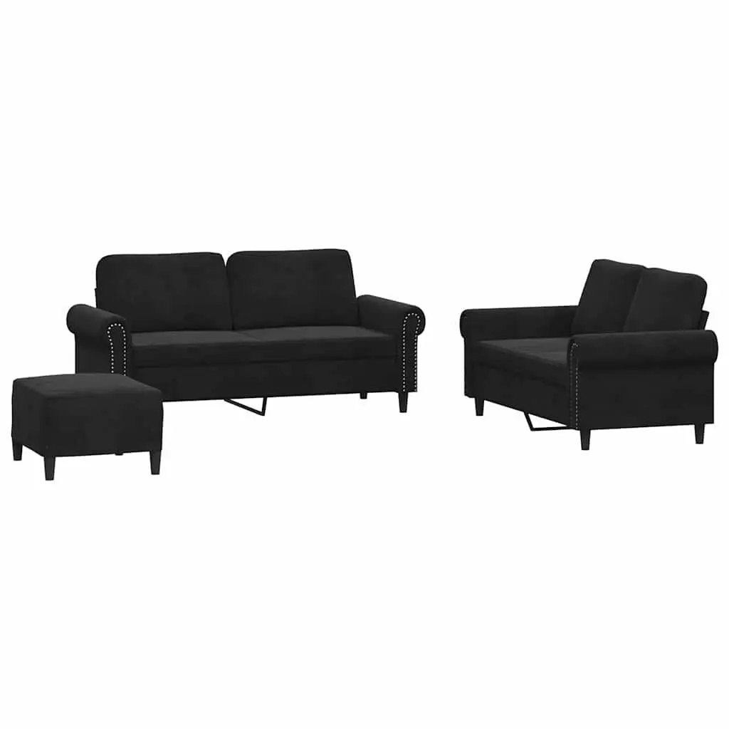 3 Piece Black Velvet Sofa Set
