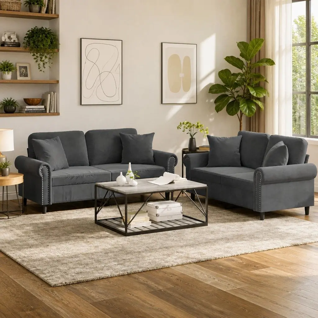 2 Piece Grey Velvet Sofa Set