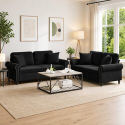 Your Ideal Black Velvet 2 Piece Sofa Set with Throw Pillows
