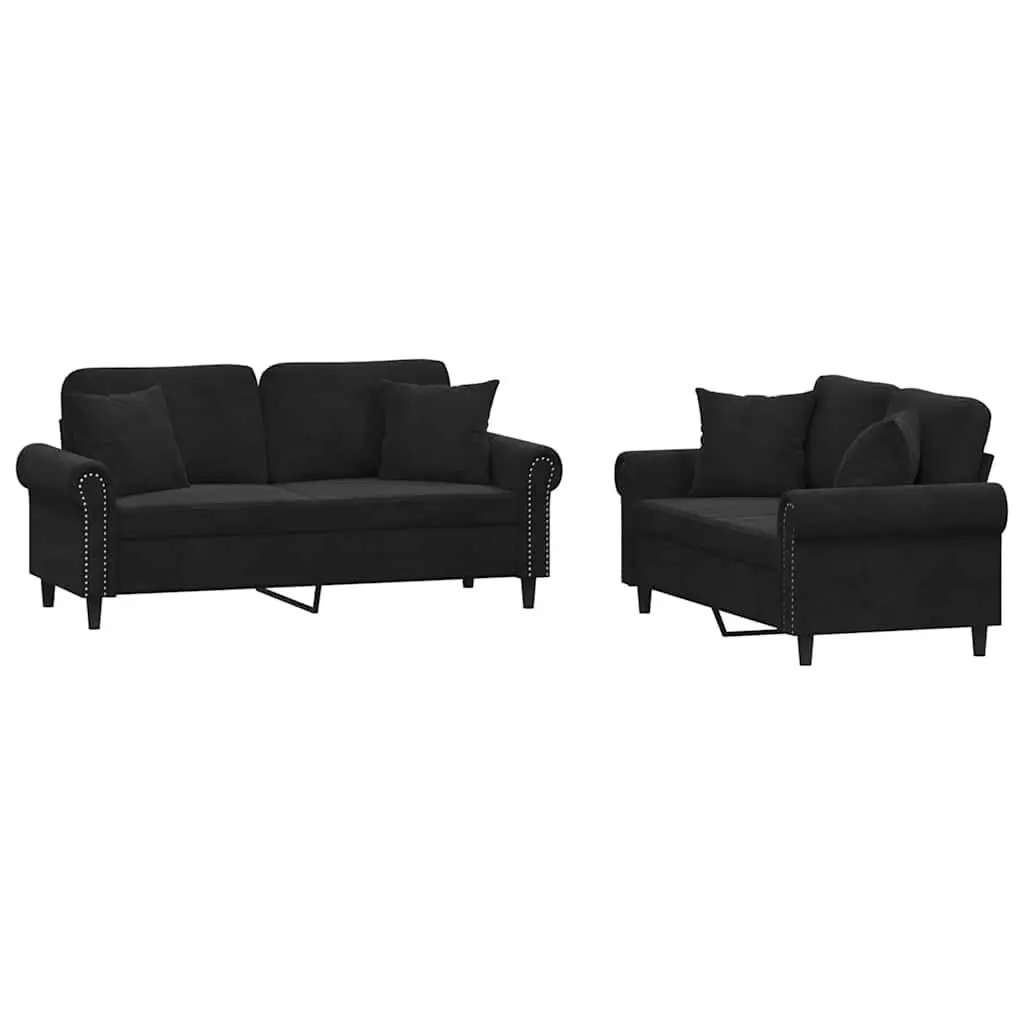 Black Velvet 2 Piece Sofa Set with Throw Pillows