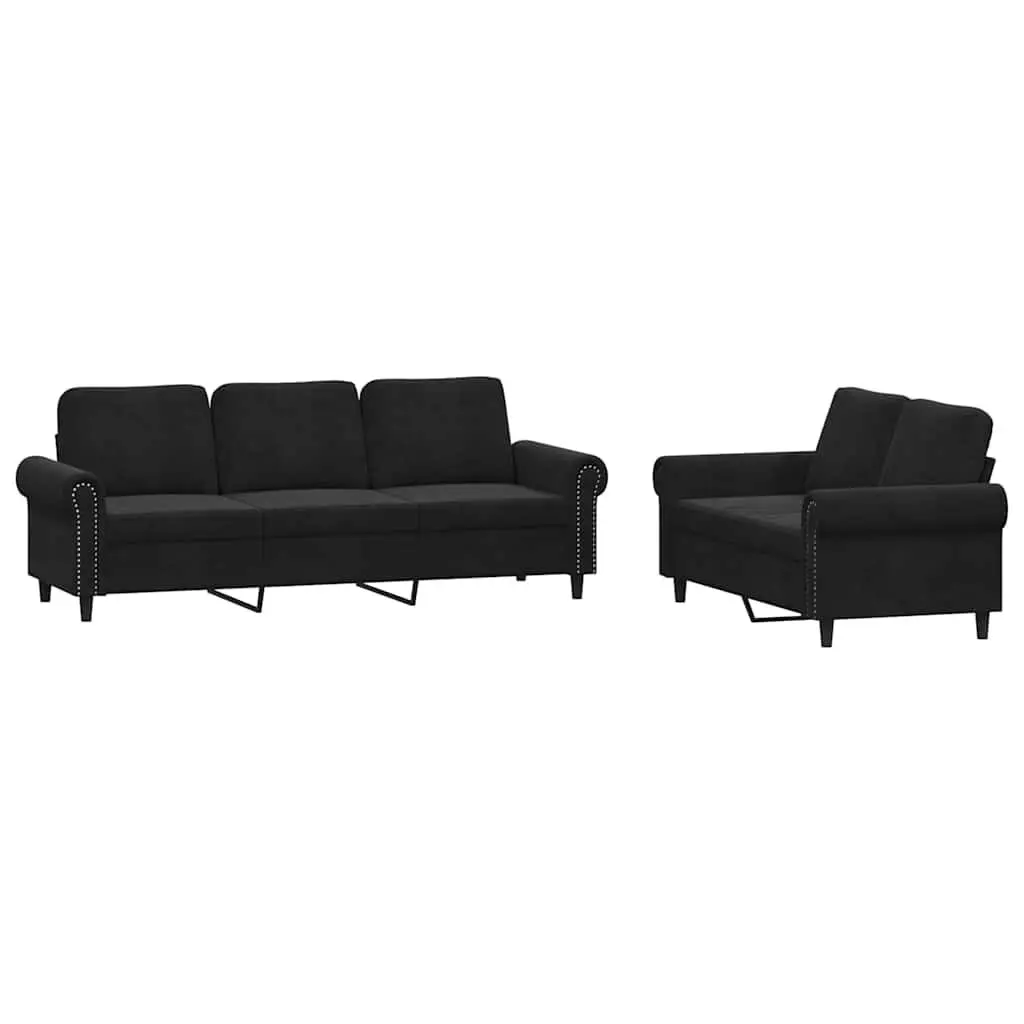 Sofa Set Black Velvet Cushions 2 Piece