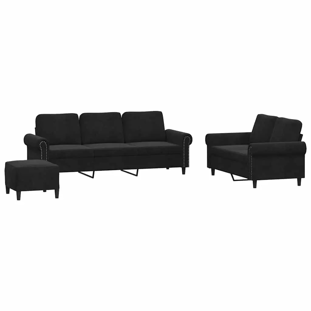 3 Piece Sofa Set with Cushions Black Velvet Lounge Suite Armchair Footstool