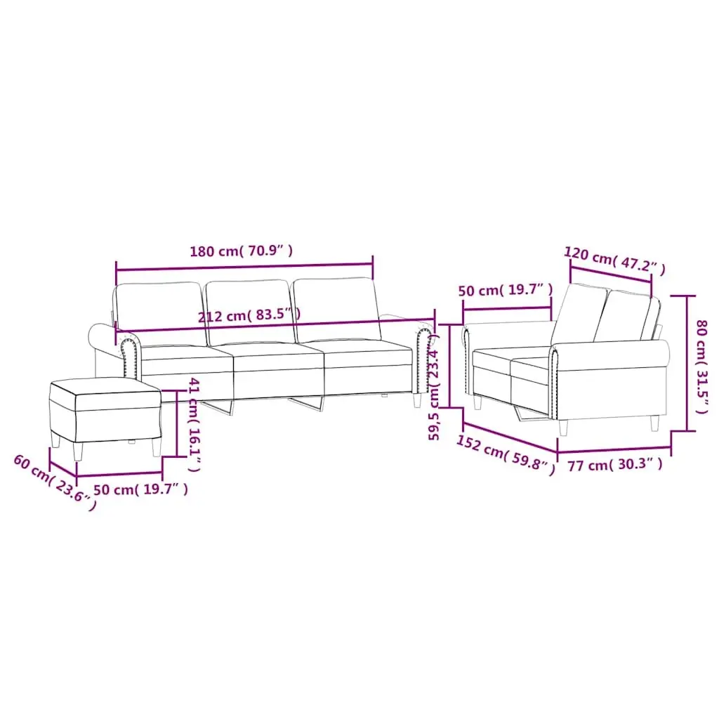 3 Piece Sofa Set with Cushions Black Velvet Lounge Suite Armchair Footstool